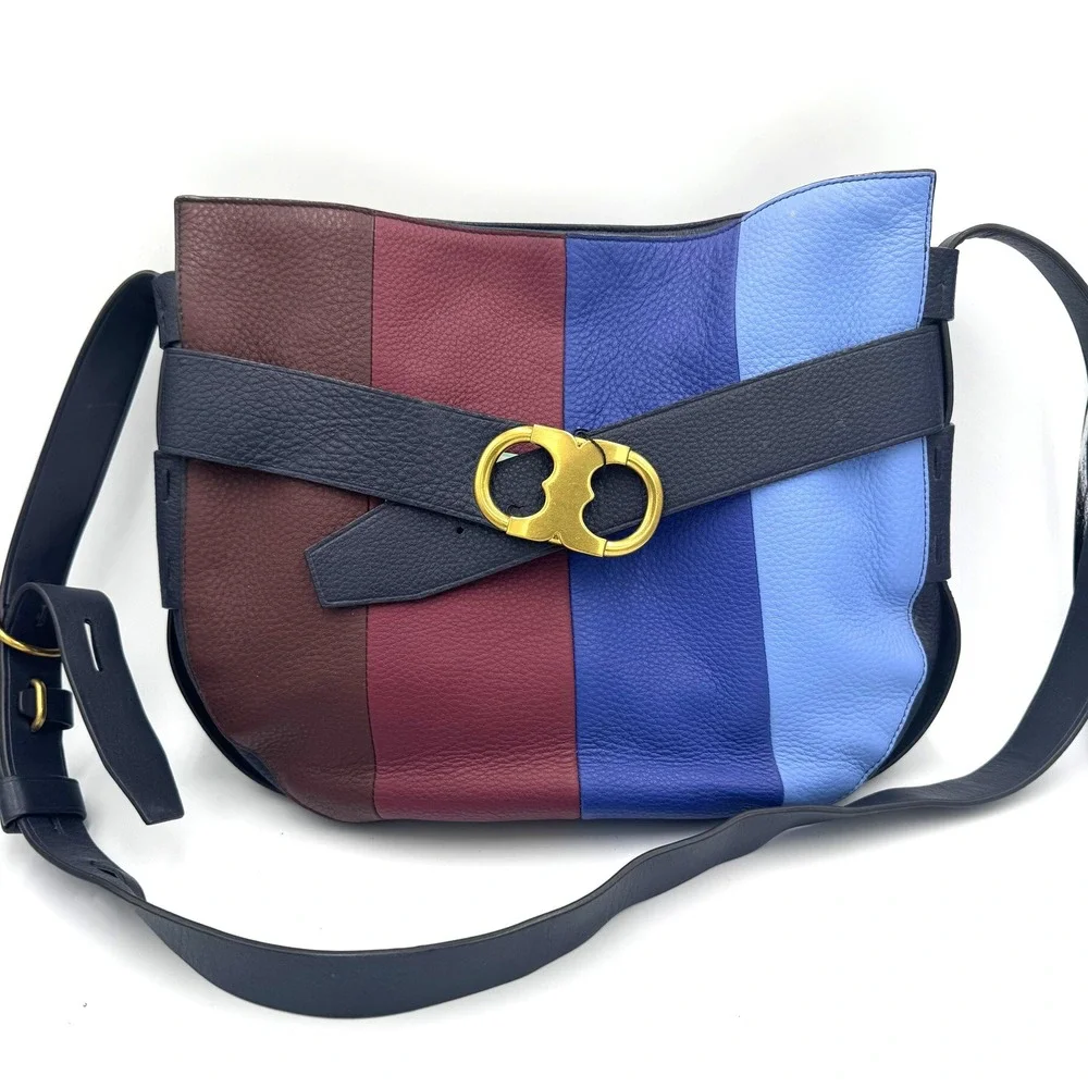 Tory Burch Colorblock Pebbled Leather Crossbody Bag Gold Logo Buckle Blue Brown